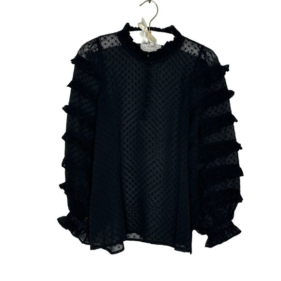 Cleobella‎ Swiss Dot Sheer Ruffled Long Sleeve Blouse XS Black Boho Goth Girly - Picture 1 of 11